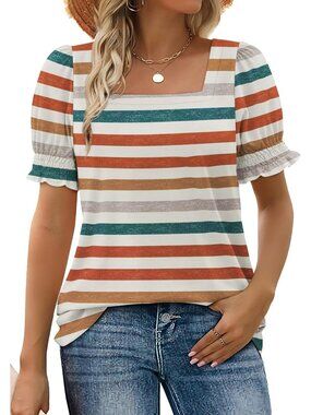 Women's 2 Multicolor 2 Square Neck Top Summer Casual Ruffle Trim Sleeve T Shirt